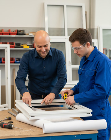 Adviseur en monteur controleren samen een kunststof kozijn tijdens een persoonlijk advies- en inmeetmoment in de werkplaats.